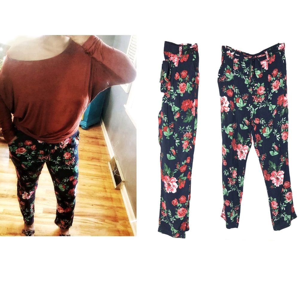 Floral Linen High Waist Trousers